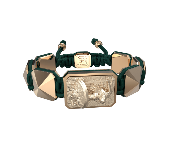 Shop I Will Fight till the End bracelet with ceramic and sculpture finished in 18k Rose Gold complemented with a dark green coloured cord.