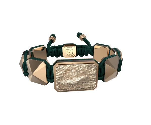Shop I'm Different bracelet with ceramic and sculpture finished in 18k Rose Gold complemented with a dark green coloured cord.