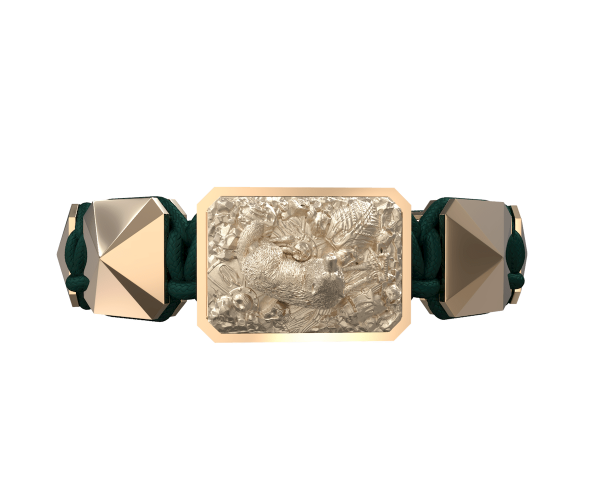 Shop Selfmade bracelet with ceramic and sculpture finished in 18k Rose Gold complemented with a dark green coloured cord.